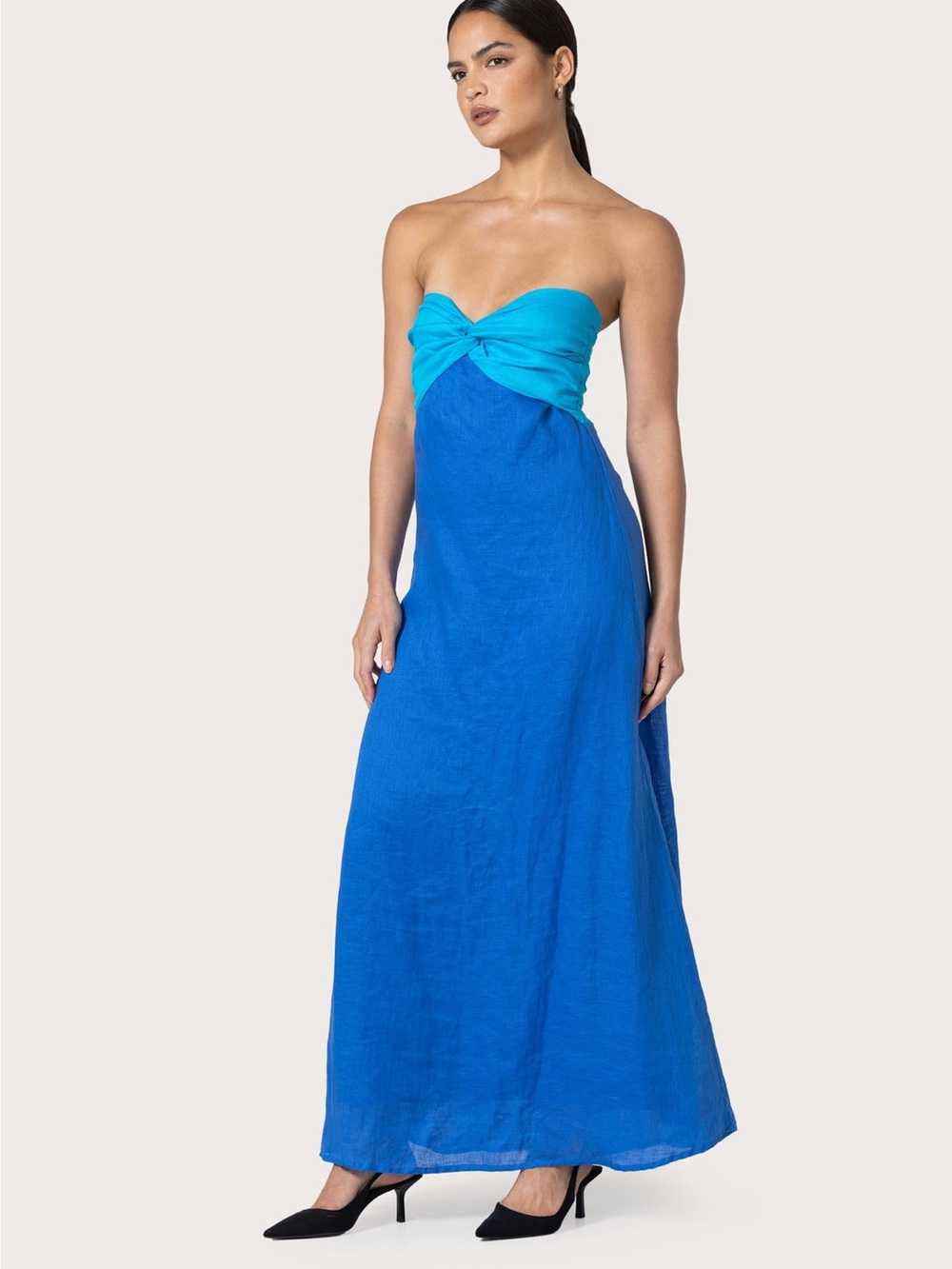 $299 NWT Lusana “Melody” Strapless Maxi Linen Dress in Atlantic Blue Sz Small